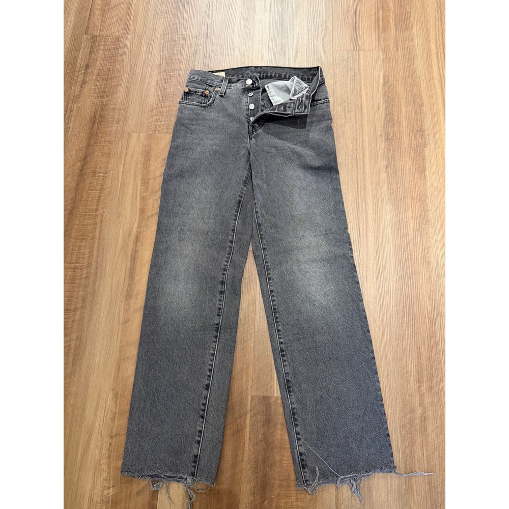 Levis 501 Original Jeans Womens W24 L32 Black Grey Straight Leg Raw Hem Premium
